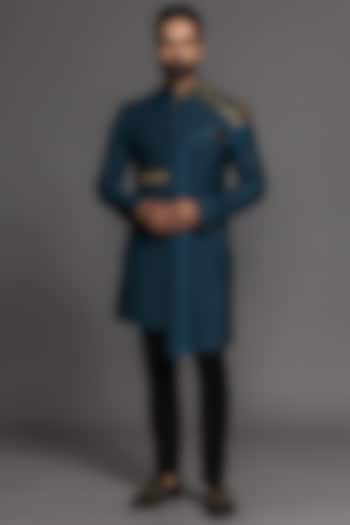 Teal Blue Suiting Hand Embroidered Wedding Indowestern Set by PURUSHAM at Pernia's Pop Up Shop