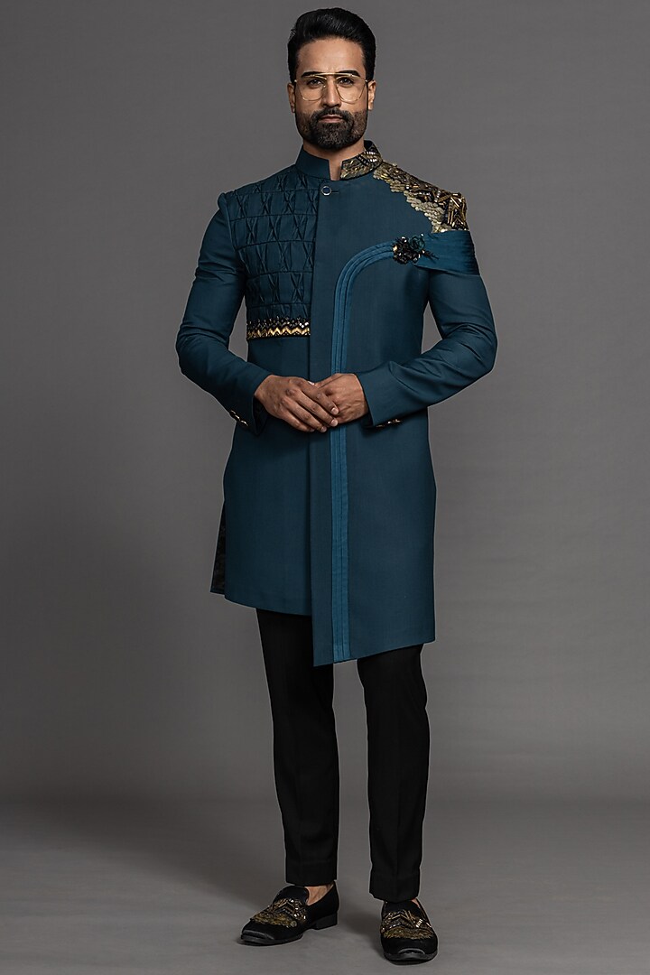 Teal Blue Suiting Hand Embroidered Wedding Indowestern Set by PURUSHAM at Pernia's Pop Up Shop