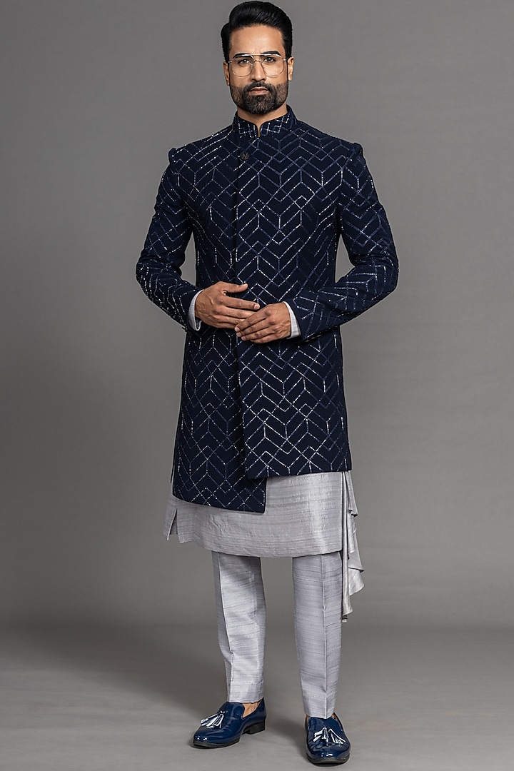 Midnight Blue Suiting Hand Embroidered Indowestern Set by PURUSHAM