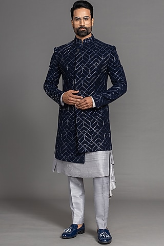 Midnight Blue Suiting Hand Embroidered Indowestern Set by PURUSHAM