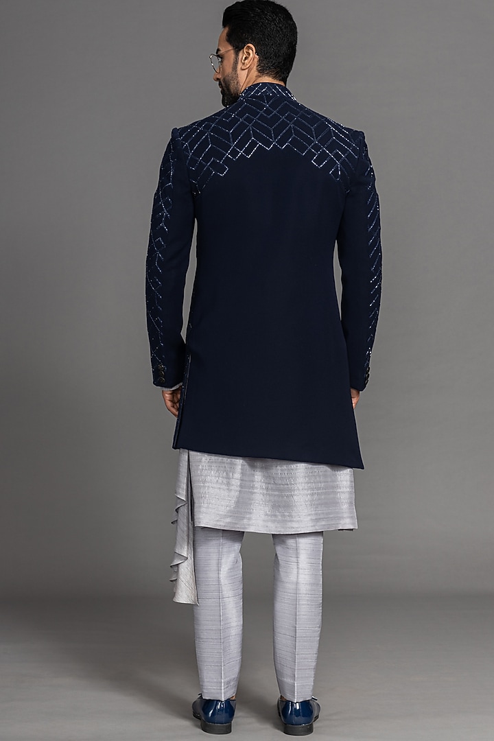 Midnight Blue Suiting Hand Embroidered Wedding Indowestern Set by PURUSHAM at Pernia's Pop Up Shop