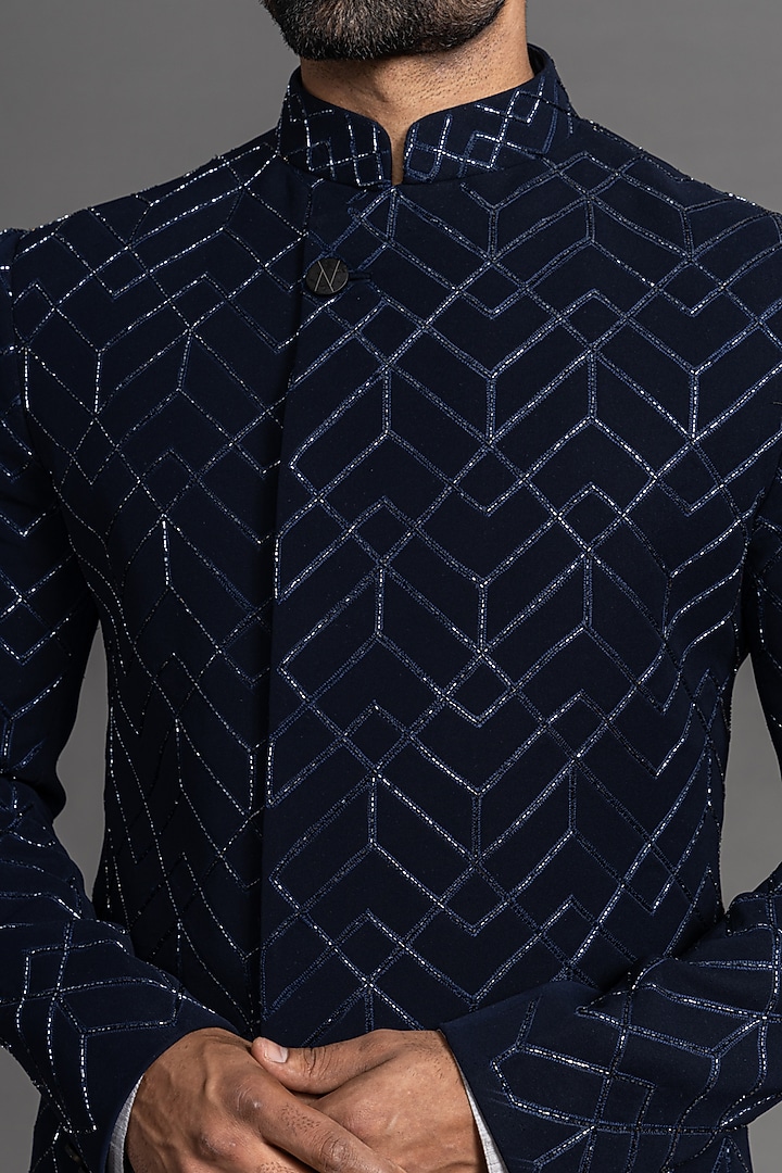 Midnight Blue Suiting Hand Embroidered Wedding Indowestern Set by PURUSHAM at Pernia's Pop Up Shop