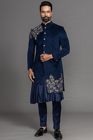 Navy Blue Velvet Hand Embroidered Indowestern Set by PURUSHAM