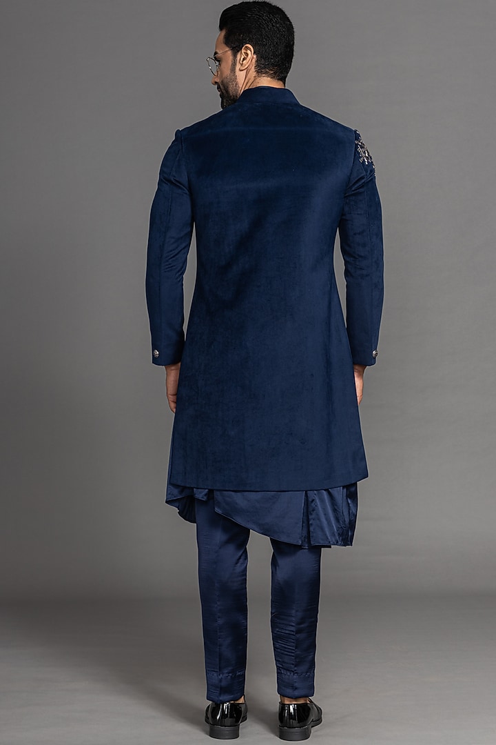 Navy Blue Velvet Hand Embroidered Wedding Indowestern Set by PURUSHAM at Pernia's Pop Up Shop