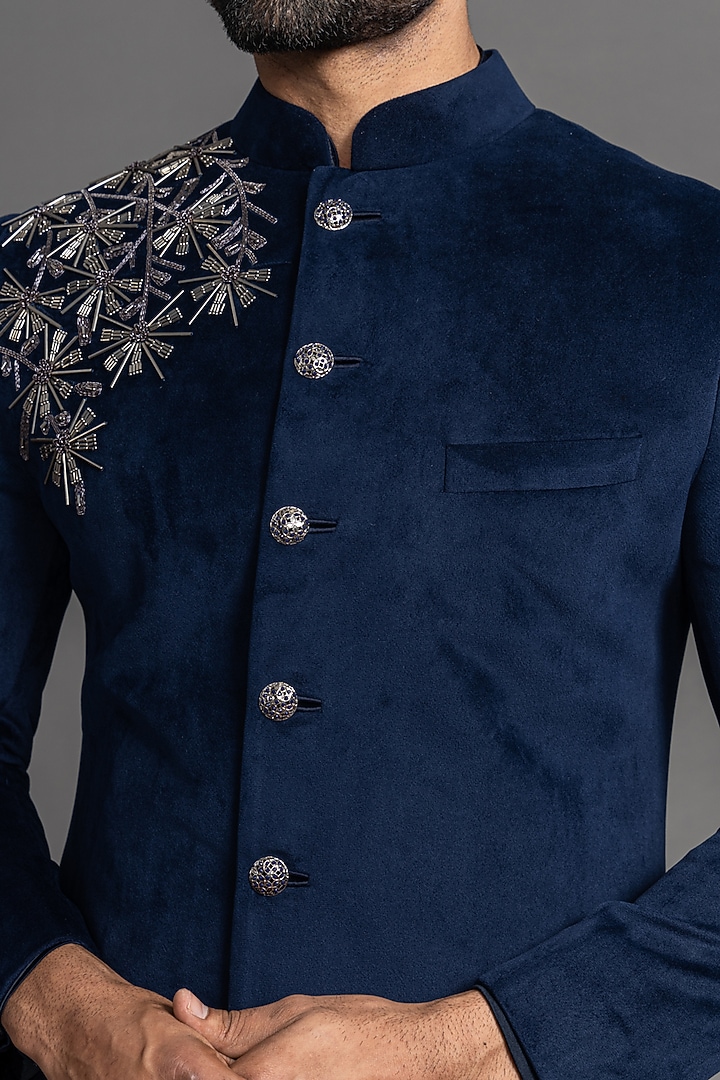 Navy Blue Velvet Hand Embroidered Wedding Indowestern Set by PURUSHAM at Pernia's Pop Up Shop