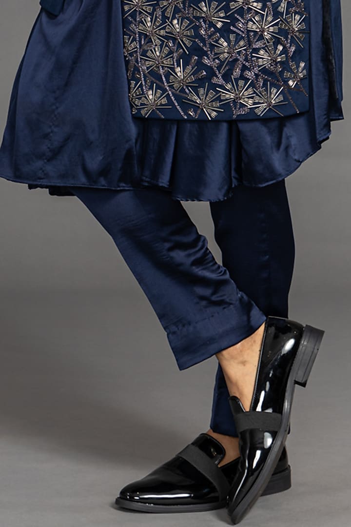 Navy Blue Velvet Hand Embroidered Wedding Indowestern Set by PURUSHAM at Pernia's Pop Up Shop