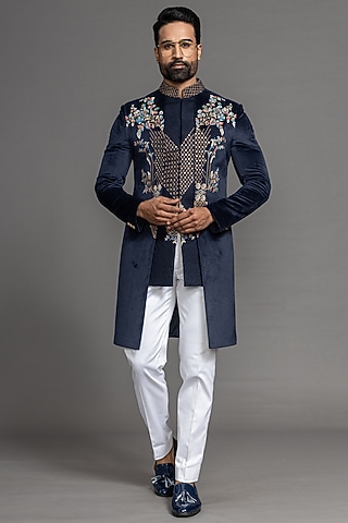 Navy Blue Velvet Hand Embroidered Indowestern Set by PURUSHAM