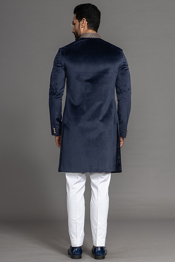 Navy Blue Velvet Hand Embroidered Wedding Indowestern Set by PURUSHAM at Pernia's Pop Up Shop