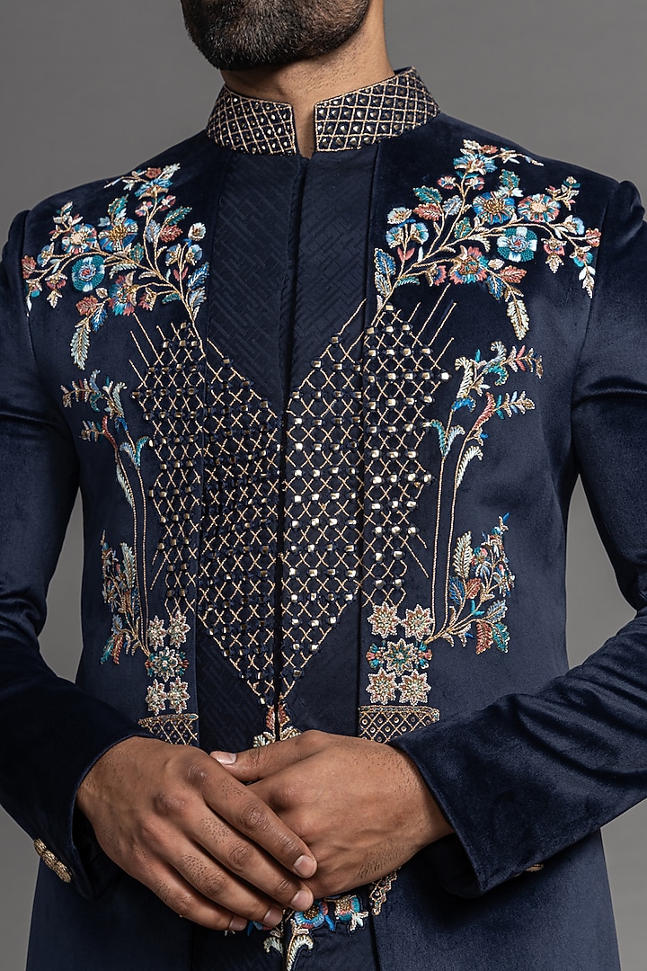 Navy Blue Velvet Hand Embroidered Wedding Indowestern Set by PURUSHAM at Pernia's Pop Up Shop