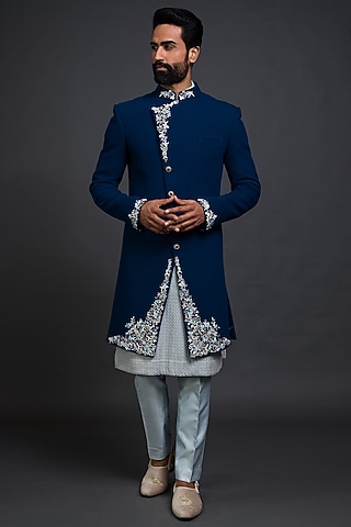 Teal Blue Suiting Hand Embroidered Indowestern Set by PURUSHAM