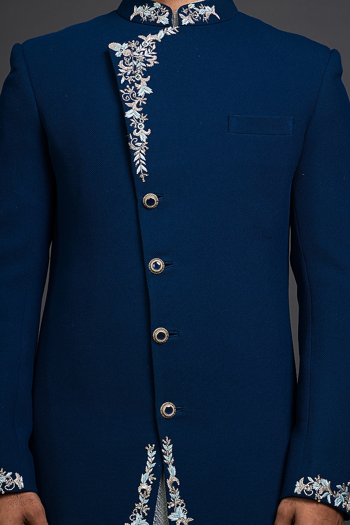 Teal Blue Suiting Hand Embroidered Wedding Indowestern Set by PURUSHAM at Pernia's Pop Up Shop