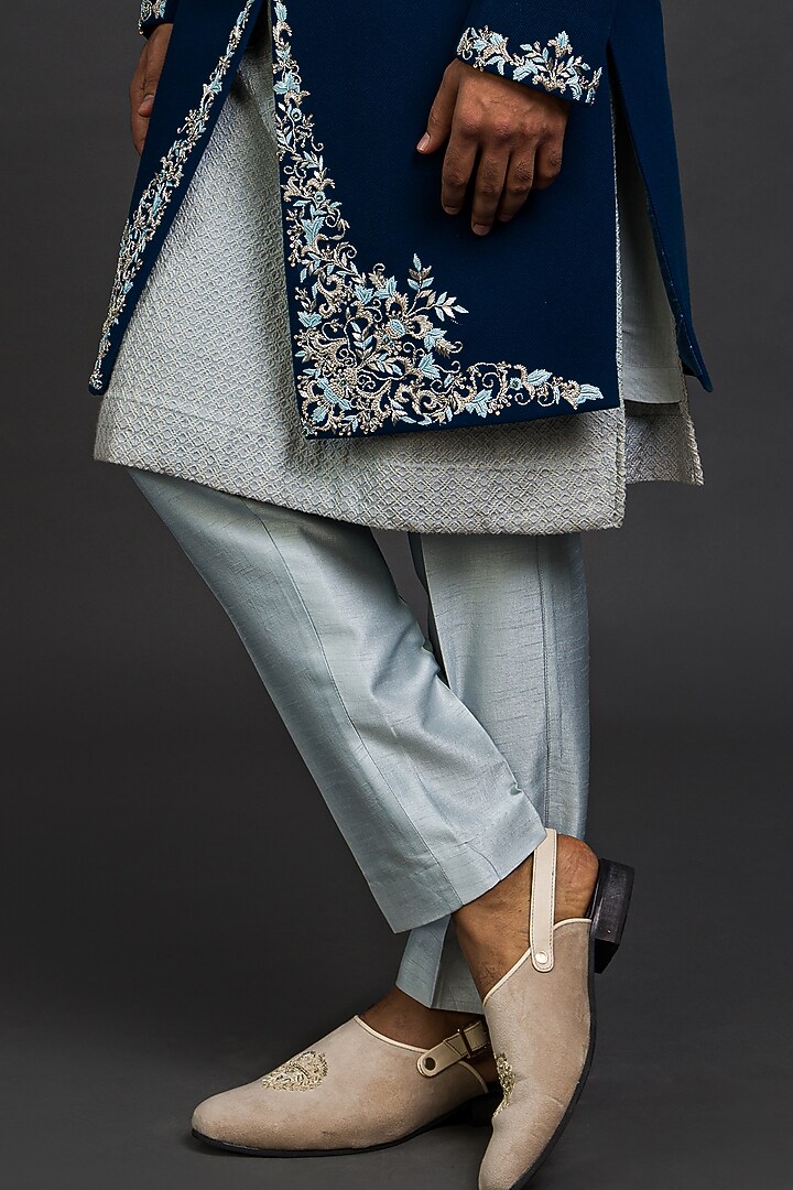 Teal Blue Suiting Hand Embroidered Wedding Indowestern Set by PURUSHAM at Pernia's Pop Up Shop