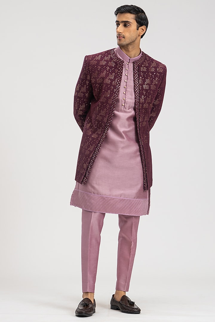 Wine Silk Embroidered Wedding Indowestern Set by PURUSHAM at Pernia's Pop Up Shop