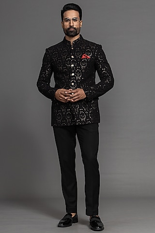 Black Georgette Machine Embroidered Bandhgala Set by PURUSHAM