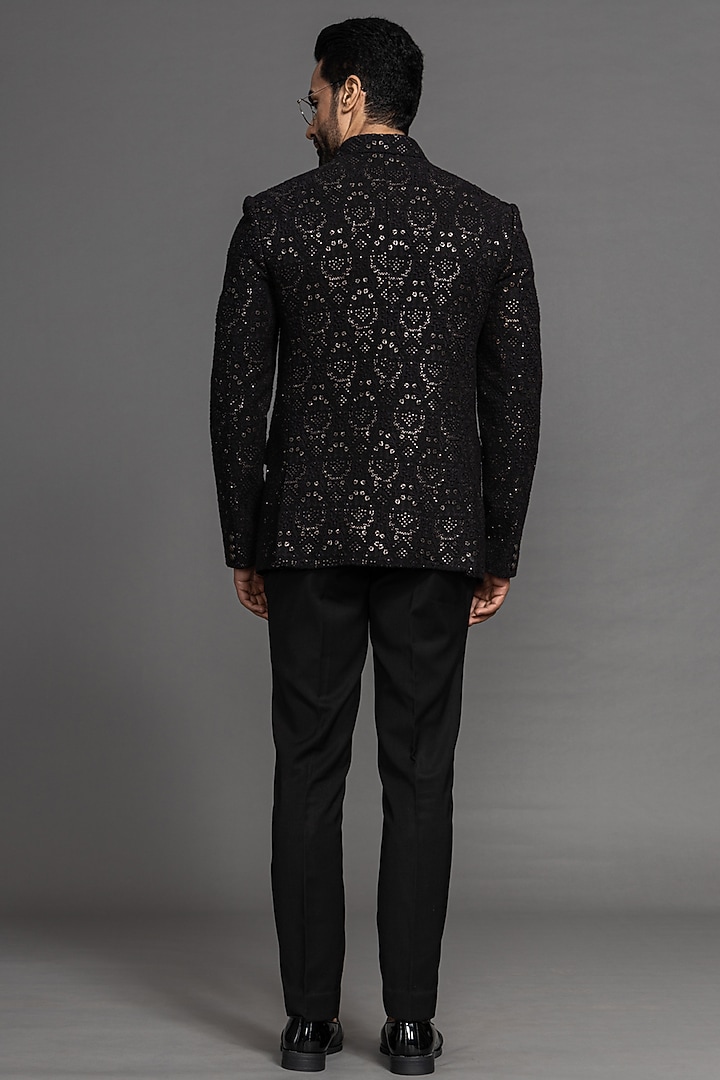 Black Georgette Machine Embroidered Bandhgala Set by PURUSHAM at Pernia's Pop Up Shop