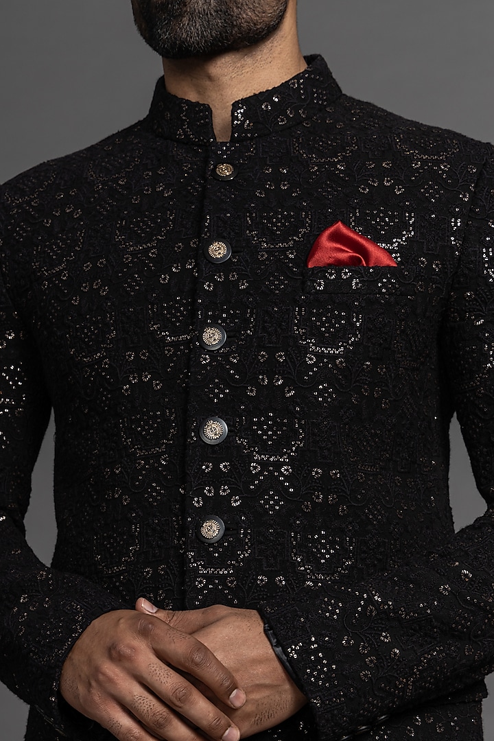 Black Georgette Machine Embroidered Bandhgala Set by PURUSHAM at Pernia's Pop Up Shop