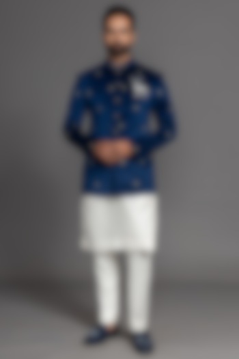 Royal Blue Suede Velvet Hand Embroidered Bandhgala Set by PURUSHAM