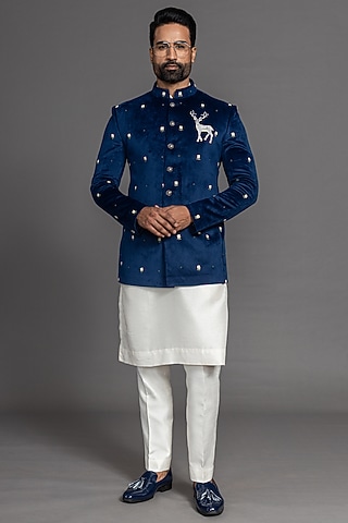Royal Blue Suede Velvet Hand Embroidered Bandhgala Set by PURUSHAM