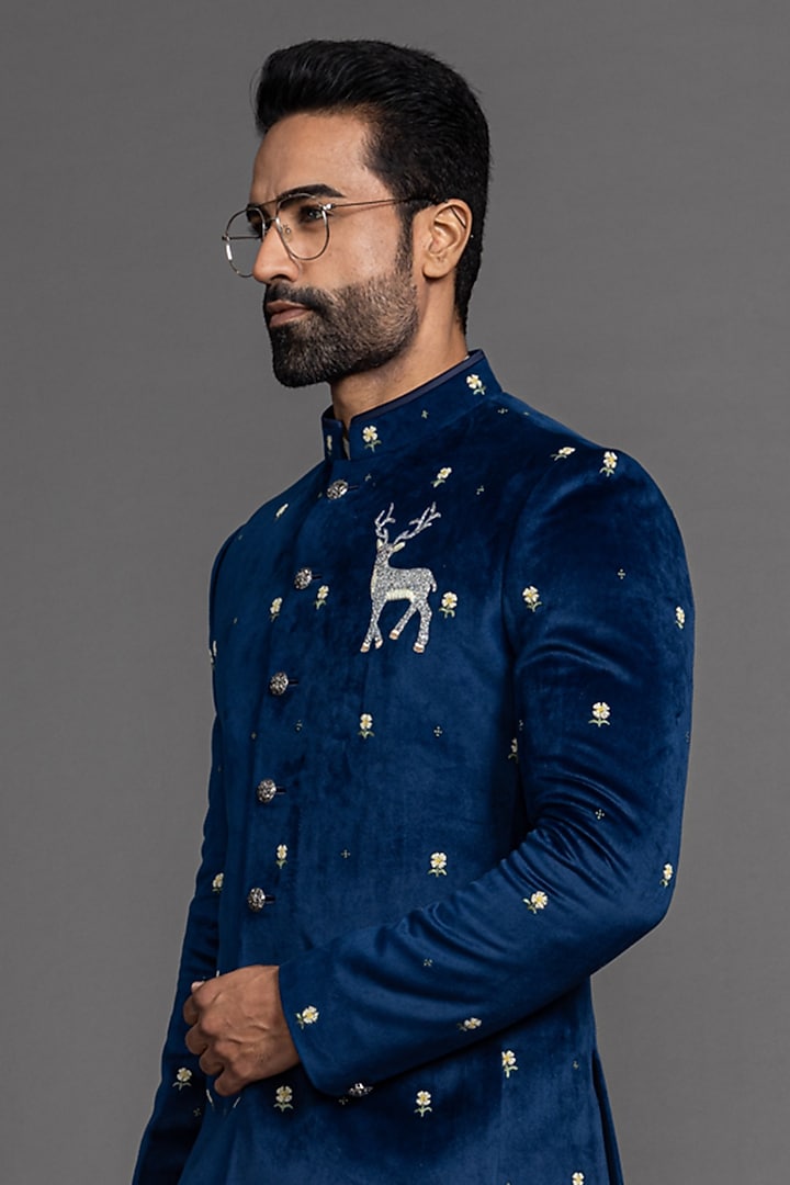 Royal Blue Suede Velvet Hand Embroidered Wedding Bandhgala Set by PURUSHAM at Pernia's Pop Up Shop