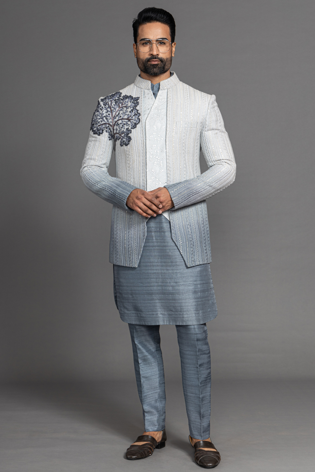 Grey Silk Hand Embroidered Ombre Indowestern Set by PURUSHAM