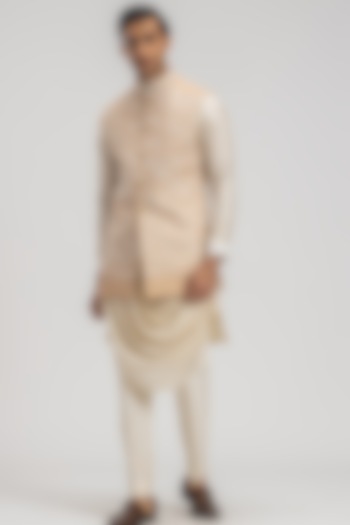 Beige Silk Embroidered Nehru Jacket With Kurta Set by PURUSHAM at Pernia's Pop Up Shop