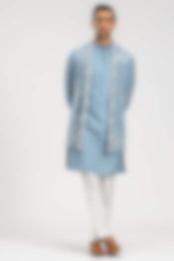 Sky Blue Cotton Suede Resham Embroidered Indo-Western Jacket Set by PURUSHAM at Pernia's Pop Up Shop