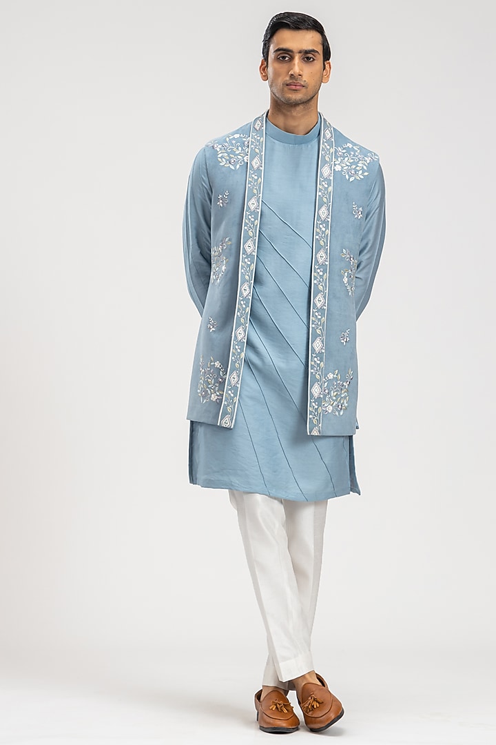 Sky Blue Cotton Suede Resham Embroidered Indo-Western Jacket Set by PURUSHAM at Pernia's Pop Up Shop
