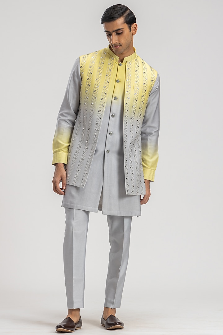 Yellow & Grey Silk Embroidered Nehru Jacket With Kurta Set by PURUSHAM