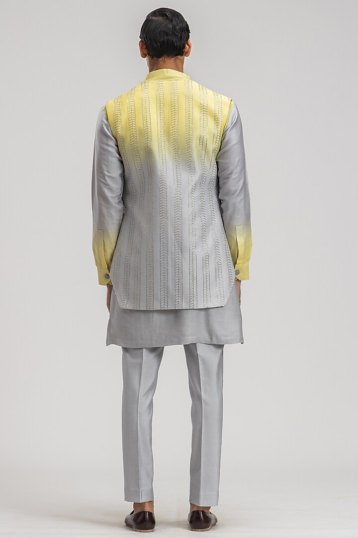 Yellow & Grey Silk Embroidered Nehru Jacket With Kurta Set by PURUSHAM at Pernia's Pop Up Shop