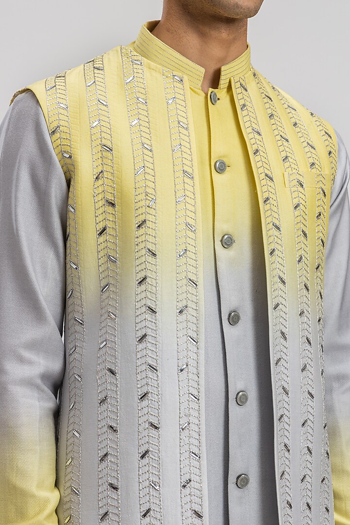 Yellow & Grey Silk Embroidered Nehru Jacket With Kurta Set by PURUSHAM at Pernia's Pop Up Shop