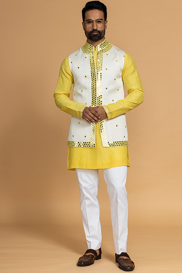 White Silk Mirror Embroidered Nehru Jacket Set by PURUSHAM at Pernia's Pop Up Shop