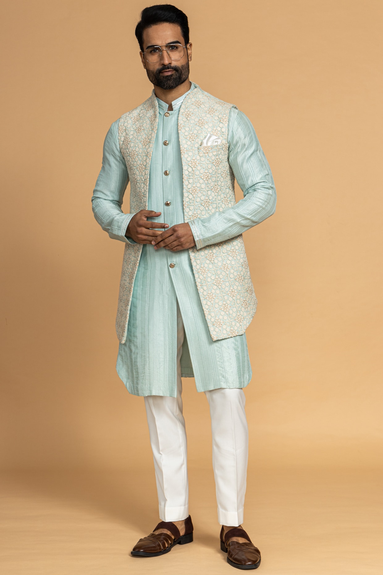 Buy Sea Green Silk Nehru Jacket for Men (NMK-5866) Online