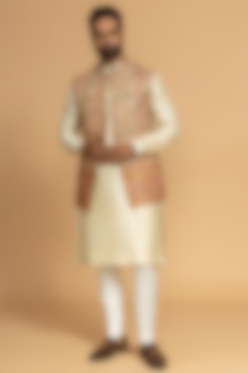 Dusty Gold Silk Mirror Embroidered Nehru Jacket Set 

 by PURUSHAM at Pernia's Pop Up Shop