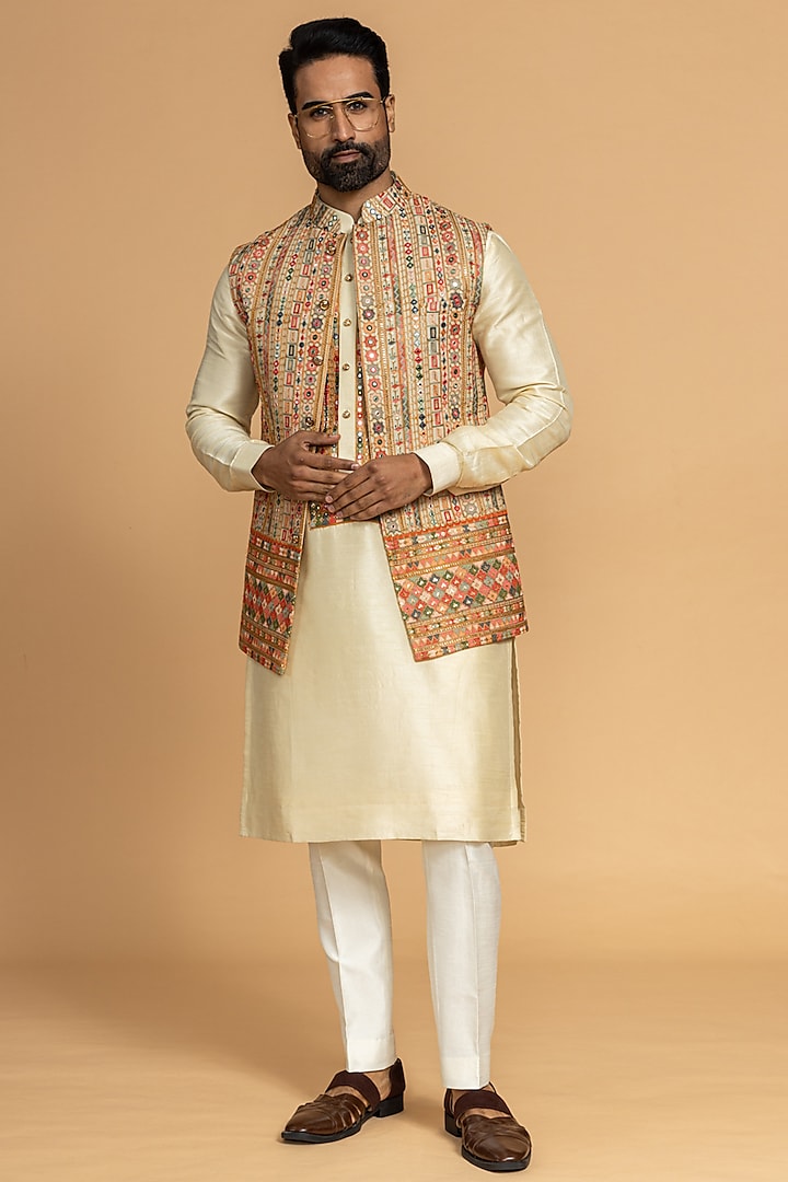 Dusty Gold Silk Mirror Embroidered Nehru Jacket Set 

 by PURUSHAM at Pernia's Pop Up Shop