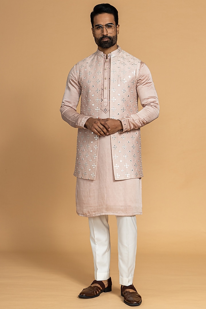 Peach Silk Embroidered Nehru Jacket With Kurta Set by PURUSHAM