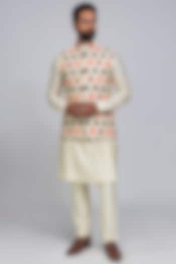 Ivory Embroidered Nehru Jacket With Kurta Set by PURUSHAM