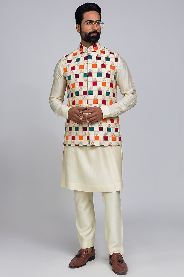 Ivory Embroidered Nehru Jacket With Kurta Set by PURUSHAM