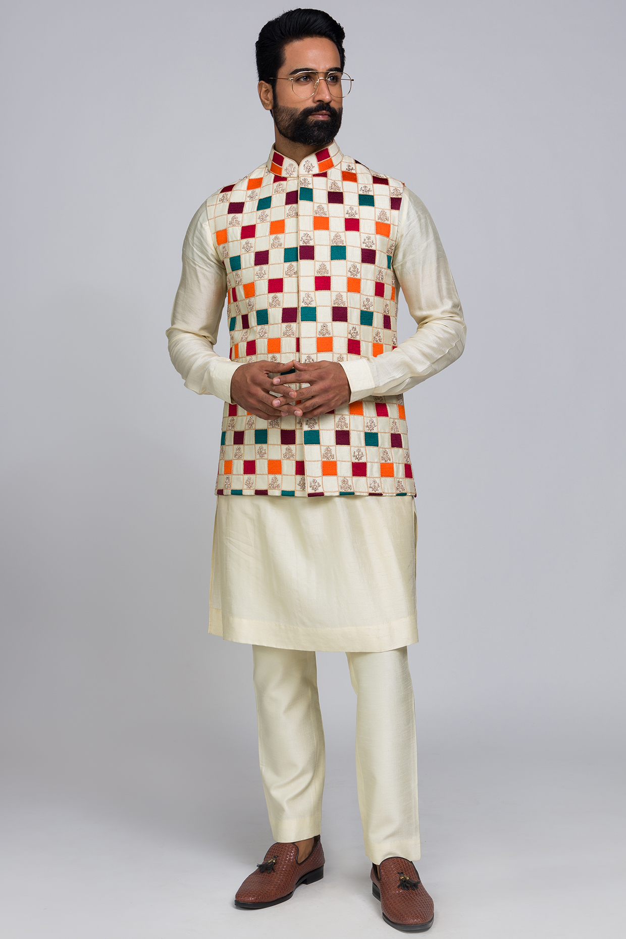 Ivory Silk Resham Embroidered Nehru Jacket Set by PURUSHAM