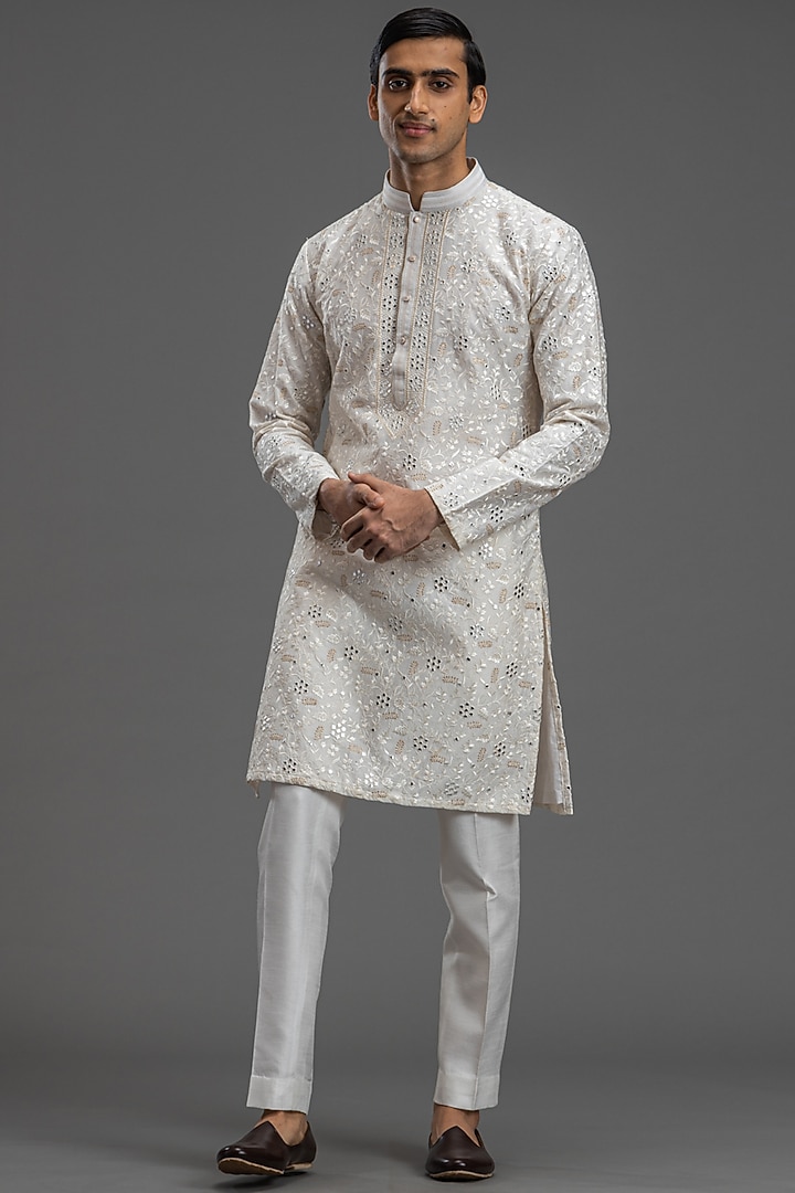 White Chanderi Silk Machine Embroidered Kurta Set by PURUSHAM