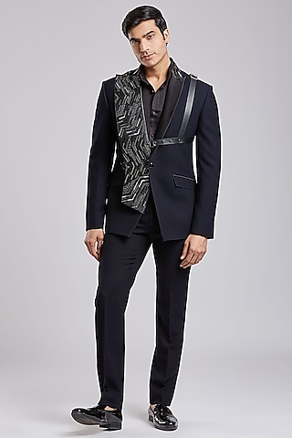 Midnight Blue Suiting Tuxedo Set by PURUSHAM