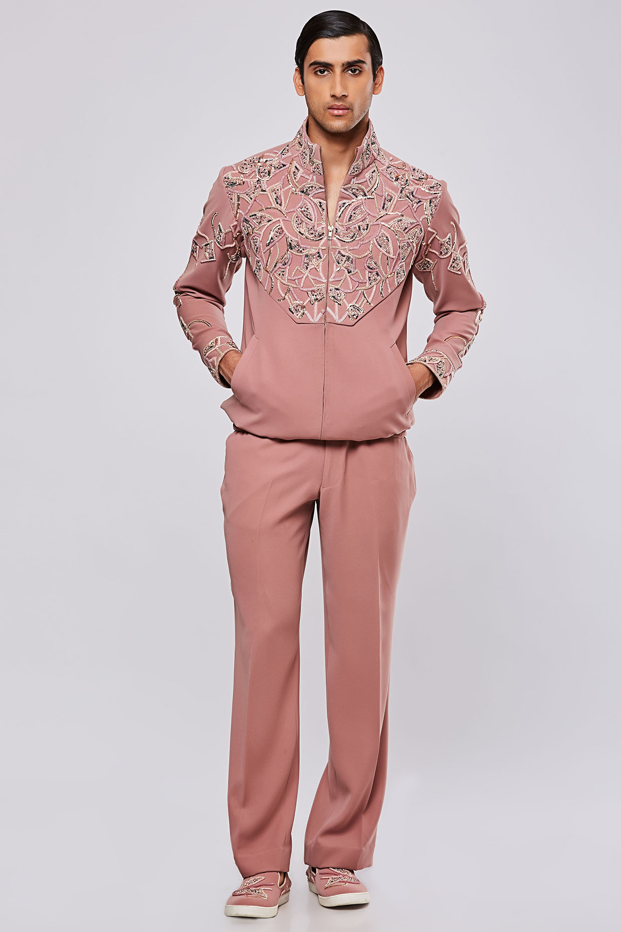 Purusham Peach Japanese Suiting Hand Embroidered Bomber Jacket Set for Men at Pernia s Pop Up Shop