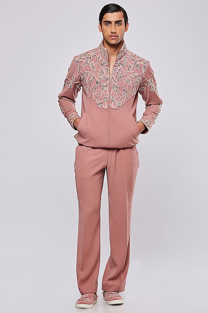 Peach Japanese Suiting Hand Embroidered Bomber Jacket Set by PURUSHAM