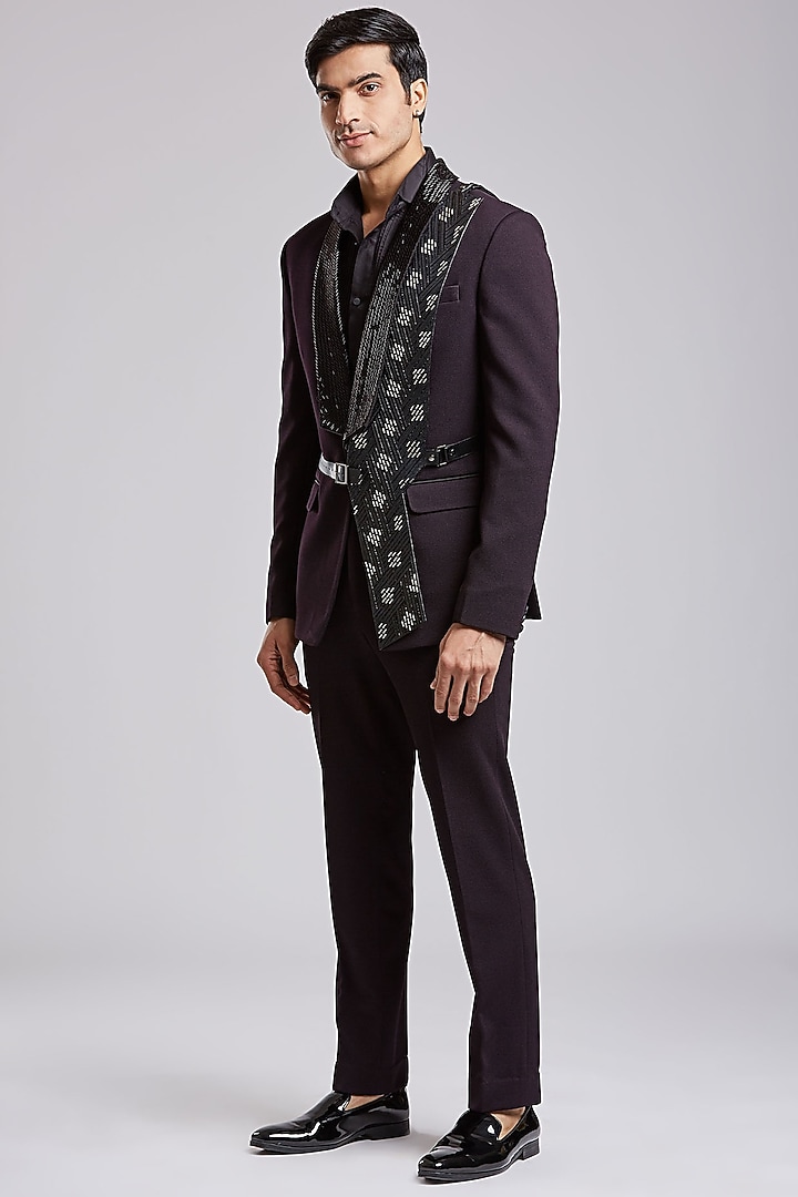 Blackish Wine Japanese Textured Suiting Hand Embroidered Tuxedo Set by PURUSHAM at Pernia's Pop Up Shop