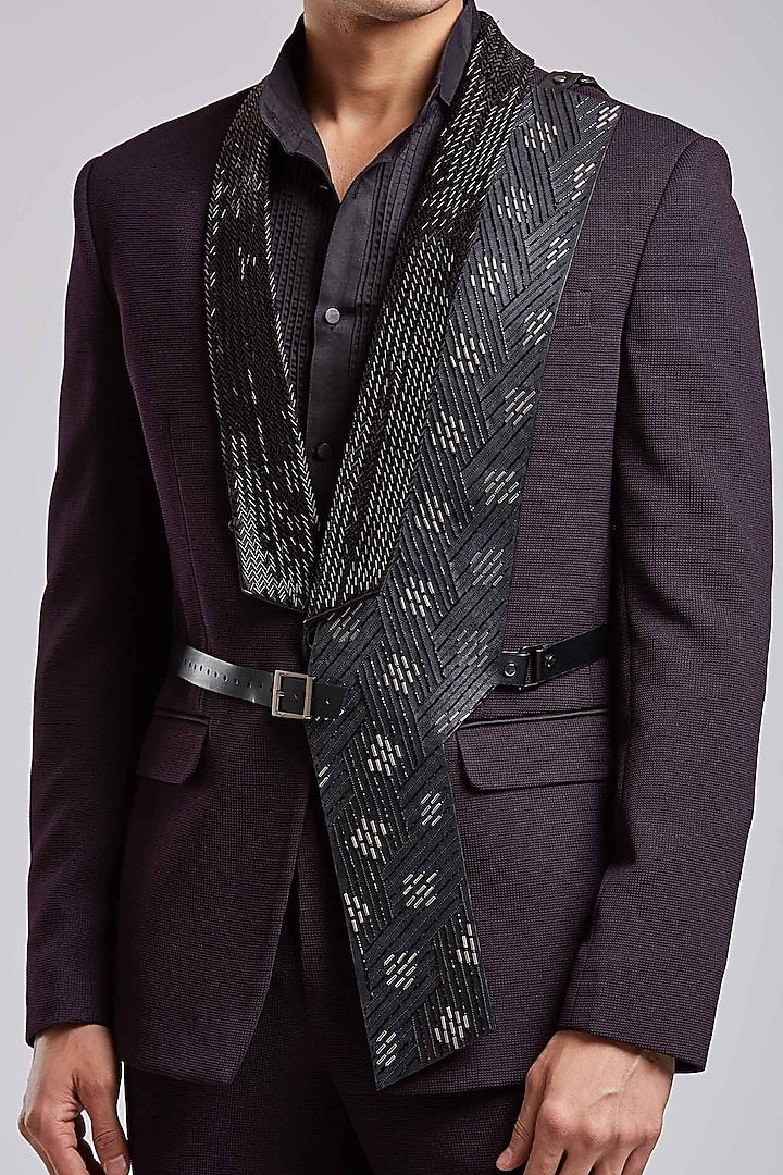 Blackish Wine Japanese Textured Suiting Hand Embroidered Tuxedo Set by PURUSHAM at Pernia's Pop Up Shop