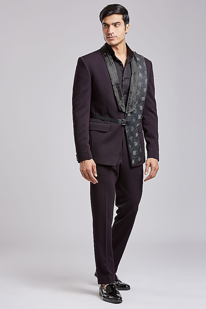 Blackish Wine Japanese Textured Suiting Hand Embroidered Tuxedo Set by PURUSHAM at Pernia's Pop Up Shop