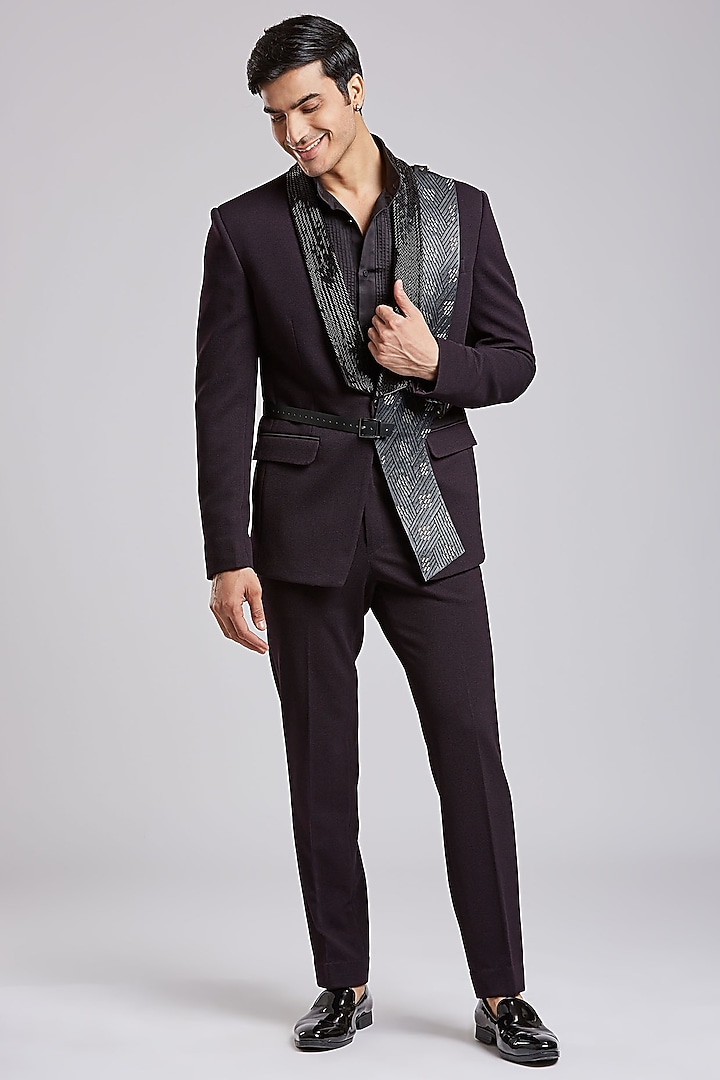 Blackish Wine Japanese Textured Suiting Hand Embroidered Tuxedo Set by PURUSHAM at Pernia's Pop Up Shop