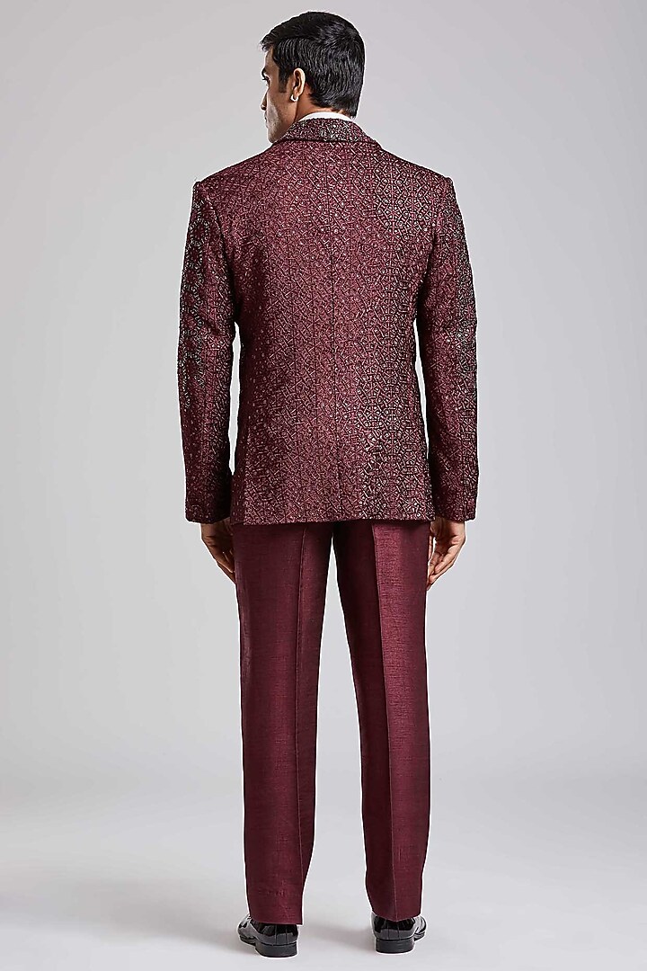 Wine Textured Velvet Cutdana Embroidered Blazer Set by PURUSHAM at Pernia's Pop Up Shop