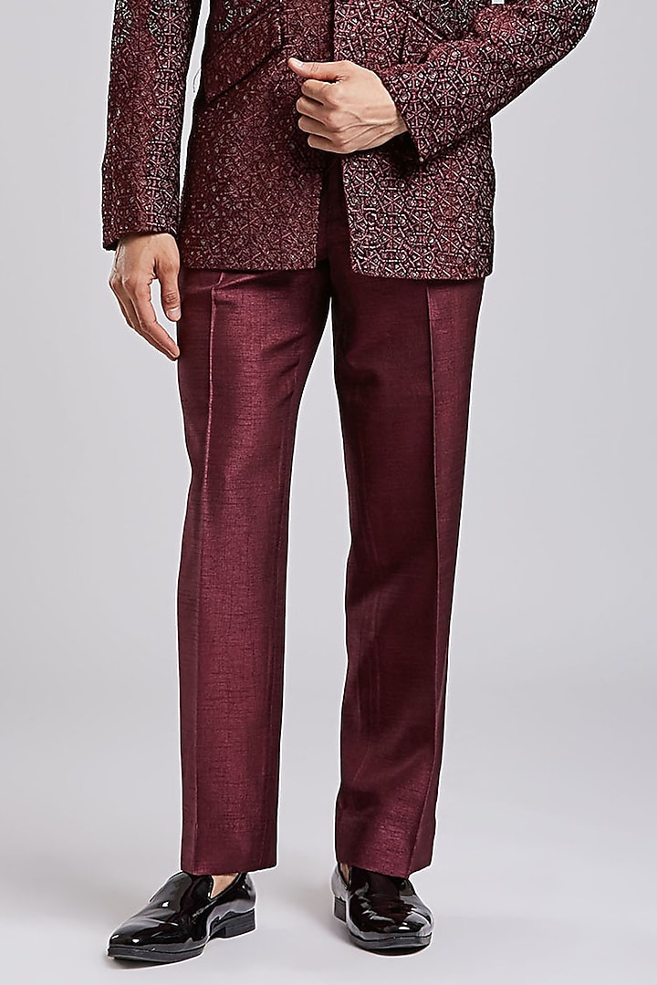 Wine Textured Velvet Cutdana Embroidered Blazer Set by PURUSHAM at Pernia's Pop Up Shop
