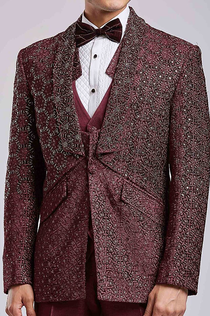 Wine Textured Velvet Cutdana Embroidered Blazer Set by PURUSHAM at Pernia's Pop Up Shop