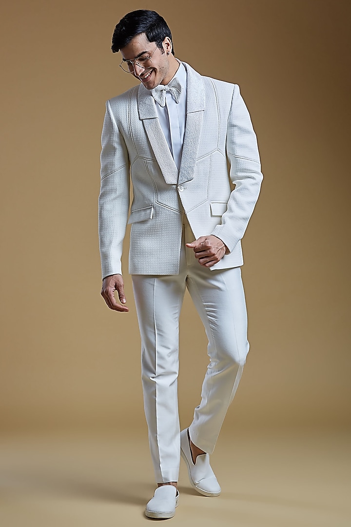 White Japanese Textured Suiting Hand Embroidered Tuxedo Set by PURUSHAM at Pernia's Pop Up Shop